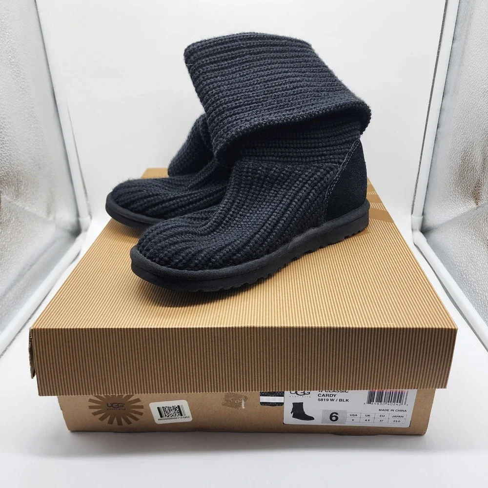 UGG Australia Classic Cardy Boots Women 6 Black Wool Blend Knit Tall Button